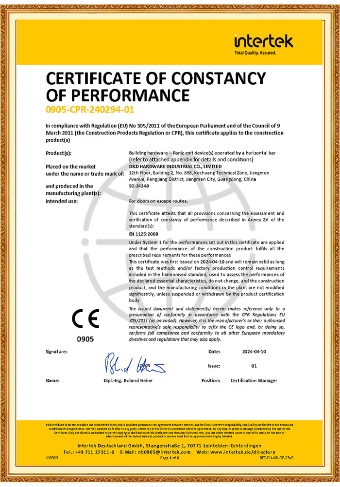 EN1125 Panic Exit Device Dispositivo de salida de pánico EN1125