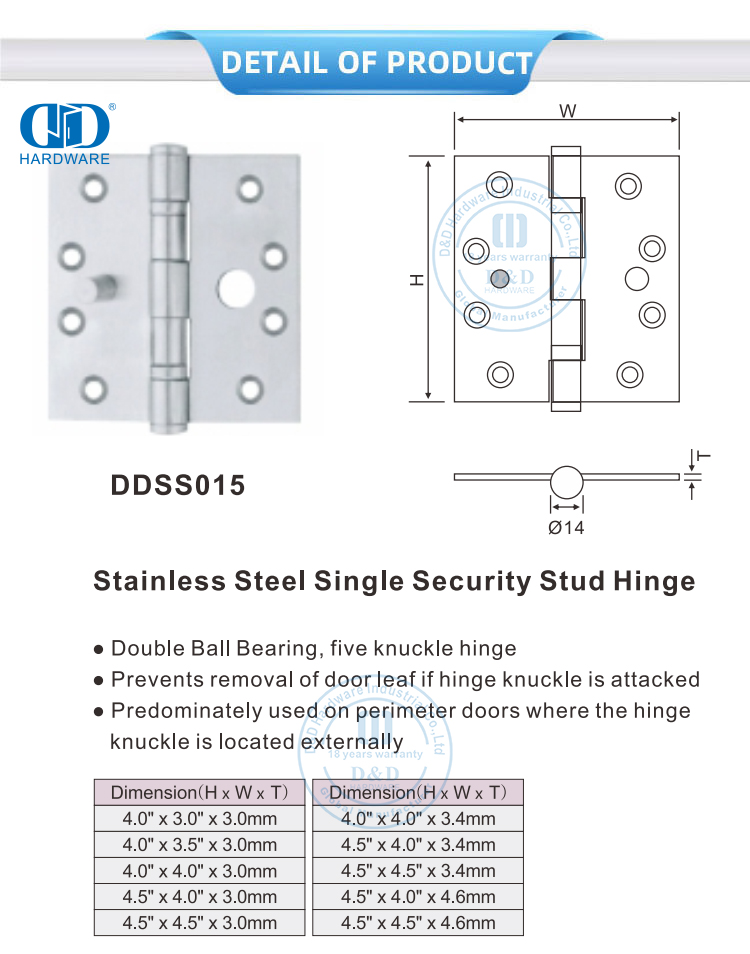 Single Security Hinge for Metal Door Bisagra de seguridad única para puerta metálica