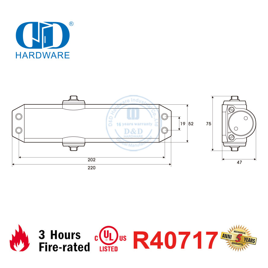 Cierrapuertas hidráulico resistente al fuego con certificación UL 10C con mecanismo de piñón y cremallera-DDDC045