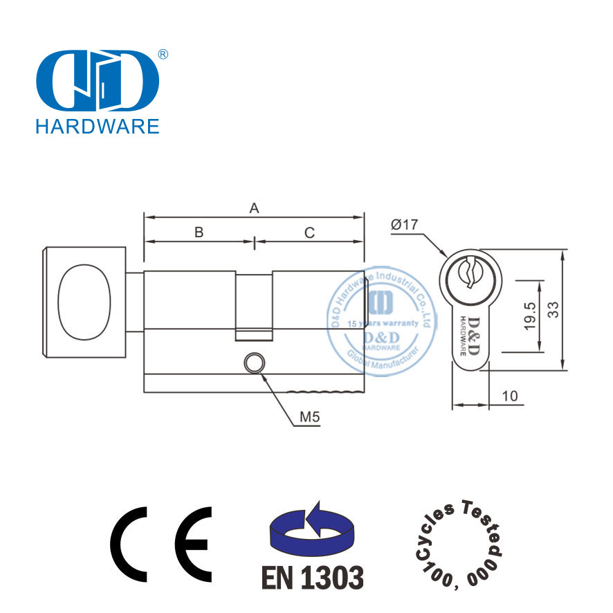 EN 1303 Cilindro de cerradura giratoria y llave de latón macizo-DDLC001-70mm-SN