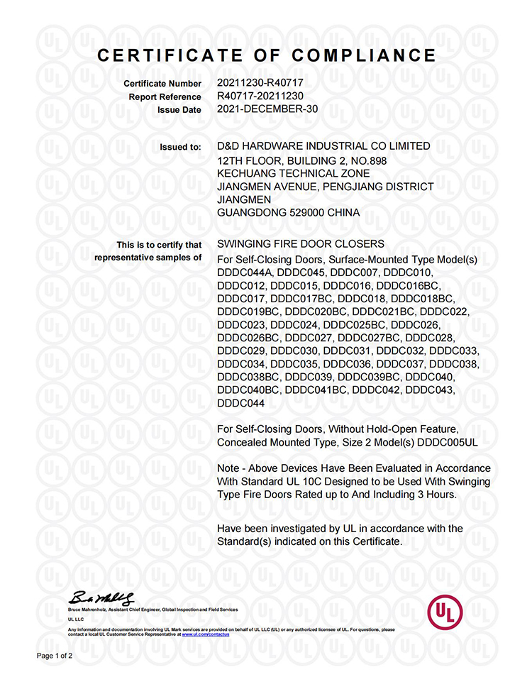 Certificación listada por UL Cierrapuertas automático resistente al fuego de 3 horas-DDDC022