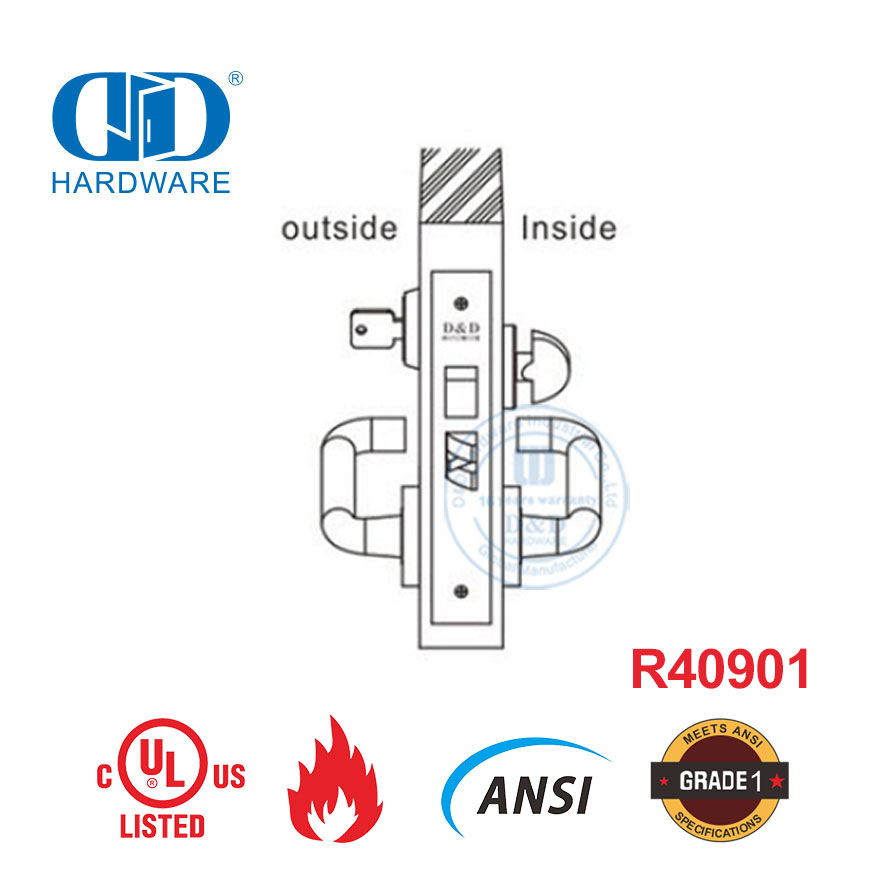 Juego de cerradura de embutir para puerta de salida de hardware con clasificación UL ANSI para dormitorio-DDAL13