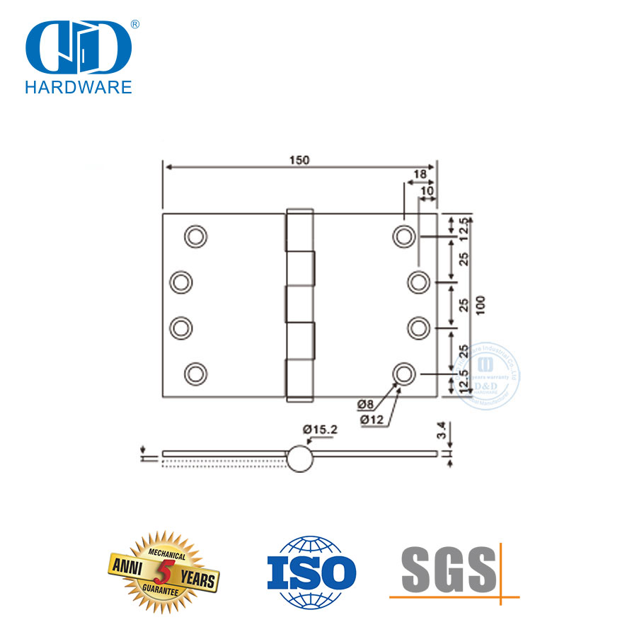 Accesorios de herrajes para puertas Montaje de bisagra de puerta de tiro ancho SUS 304-DDSS049-100x180x3.4mm