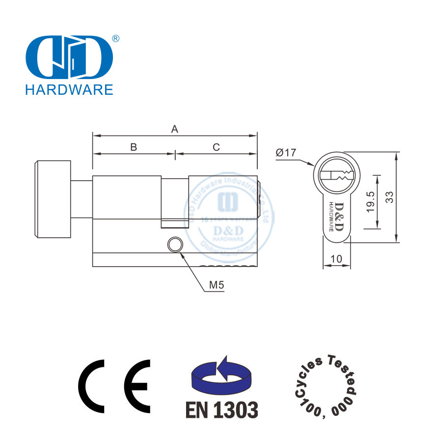 Cilindro de llave de perilla de hardware de puerta de madera con certificación EN 1303-DDLC004-70mm-SB