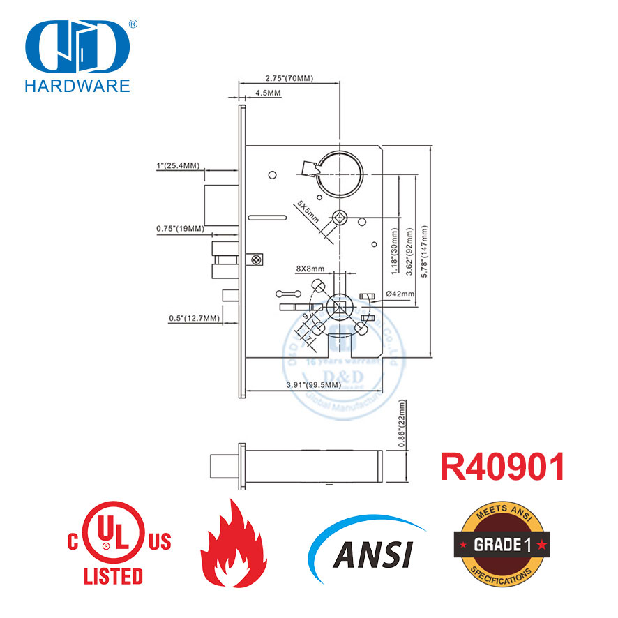 Cerradura de embutir de puerta ANSI de alta seguridad con clasificación UL contra incendios para edificio de apartamentos-DDAL20