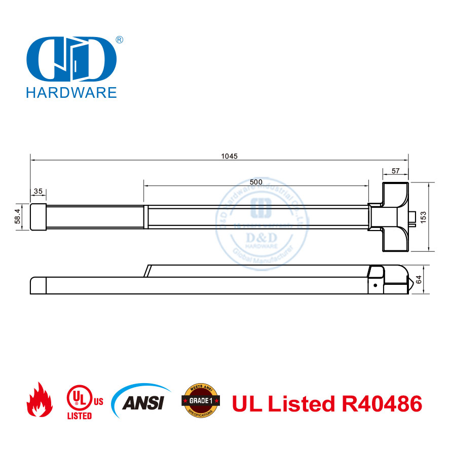 Accesorios para puertas con clasificación de fuego UL10C con certificación UL Dispositivo de salida de borde con barra táctil-DDPD023-SSS