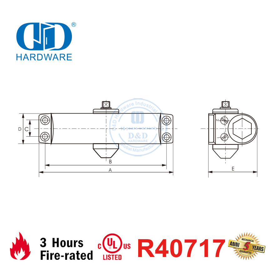 Cierrapuertas resistente al fuego con certificación CE UL 10C de alta calidad, 15-30 kg, 750 mm, resistente al fuego, DDDC036