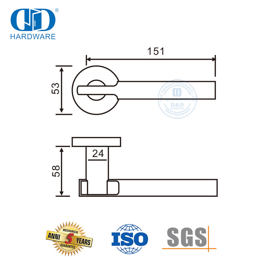 Manija de palanca sólida para puerta de entrada con roseta redonda para exteriores de alta seguridad-DDSH046-SSS