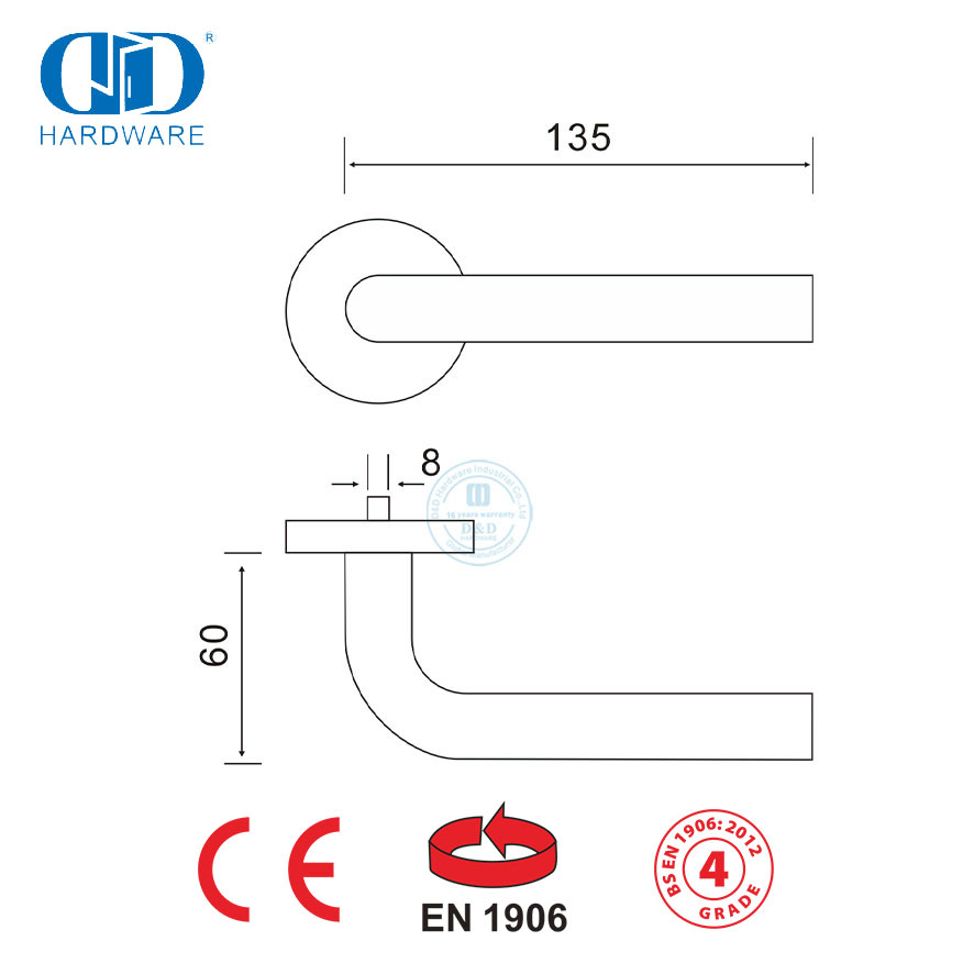 Manija de puerta con cerradura de palanca de acero inoxidable BS EN 1906-DDTH002-SSS