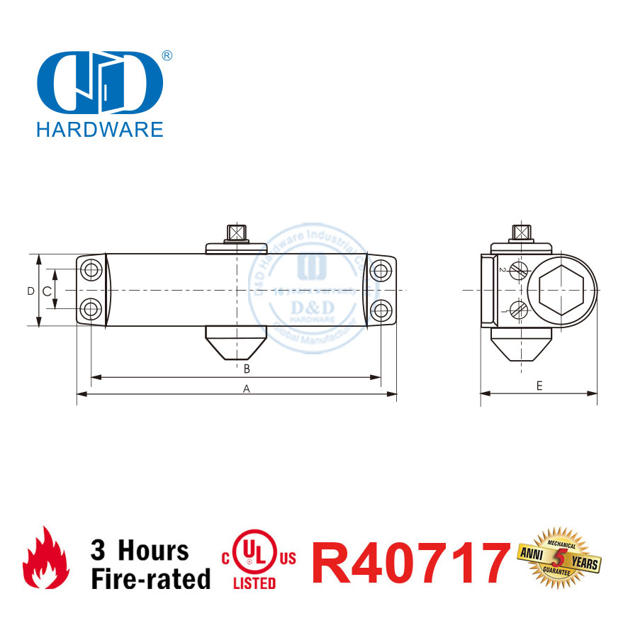 Cierrapuertas resistente al fuego con certificación CE UL 10C y velocidad ajustable de 40 a 65 kg y 950 mm con control trasero-DDDC038BC