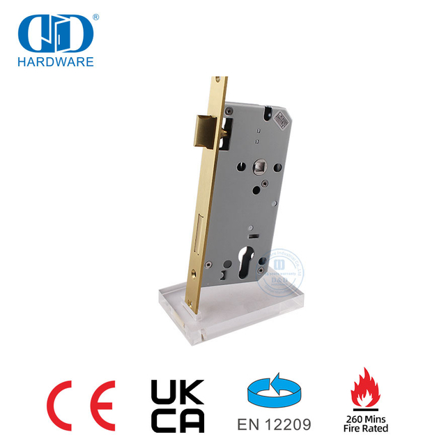 Cerradura de marco con certificado CE EN 12209 dorado satinado con función resistente al fuego-DDML009-5572-PVD