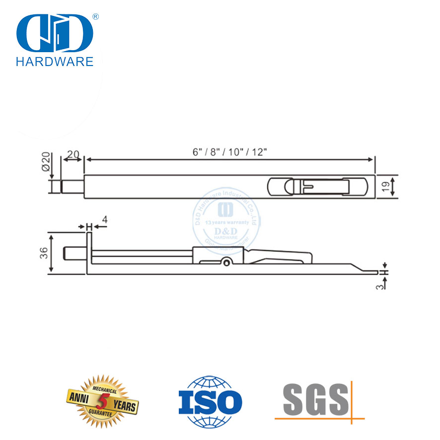 Accesorios de puerta de latón satinado Perno rasante de acero inoxidable para puerta de madera-DDDB001-SB