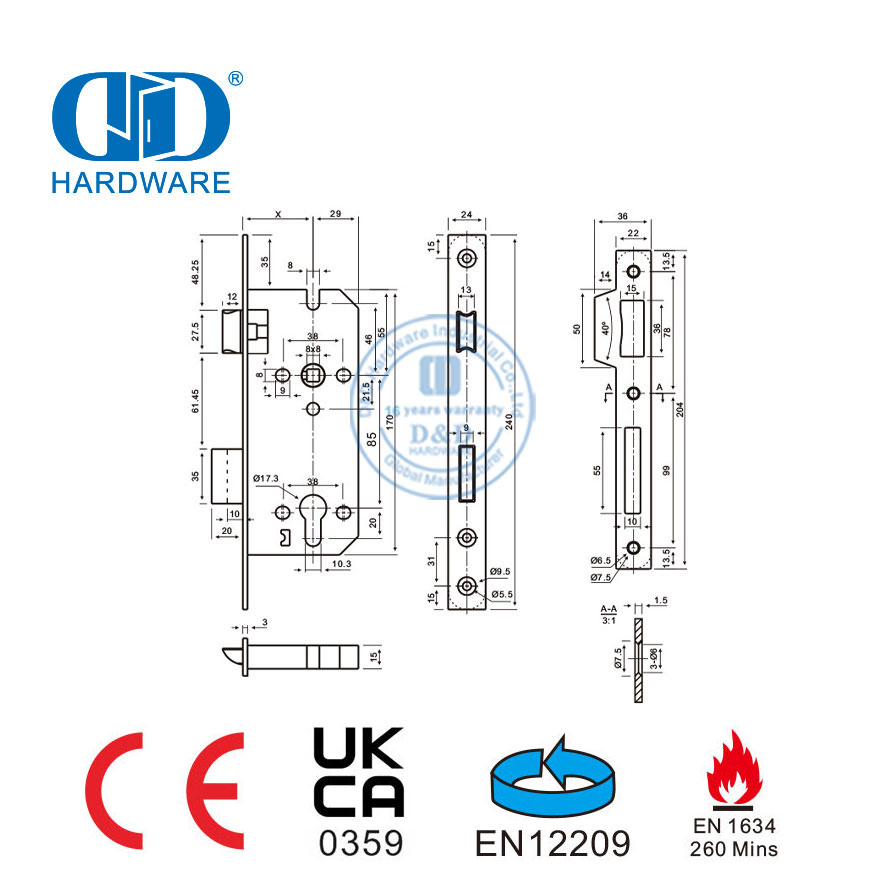 Hardware de puerta de entrada de edificio comercial Cerradura de embutir resistente al fuego con certificación CE-DDML026-6085-SSS