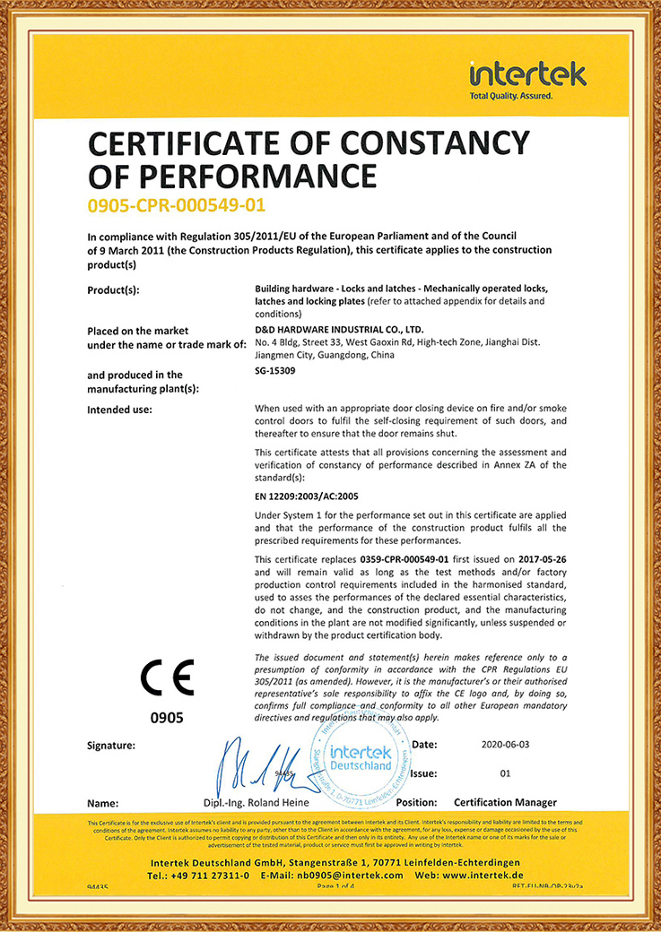 Cerradura de marco con certificado CE EN 12209 dorado satinado con función resistente al fuego-DDML009-5572-PVD