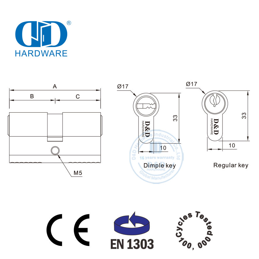 EN 1303 Cerradura de doble llave Cilindro de latón macizo estándar europeo-DDLC003-60mm-SC