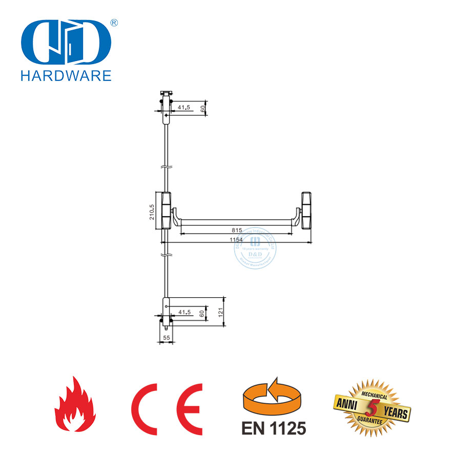 Dispositivo de salida de pánico resistente al fuego CE de acero inoxidable de alta seguridad con cerradura de varilla de empuje de garantía para puerta metálica de salida de emergencia-DDPD048-CE