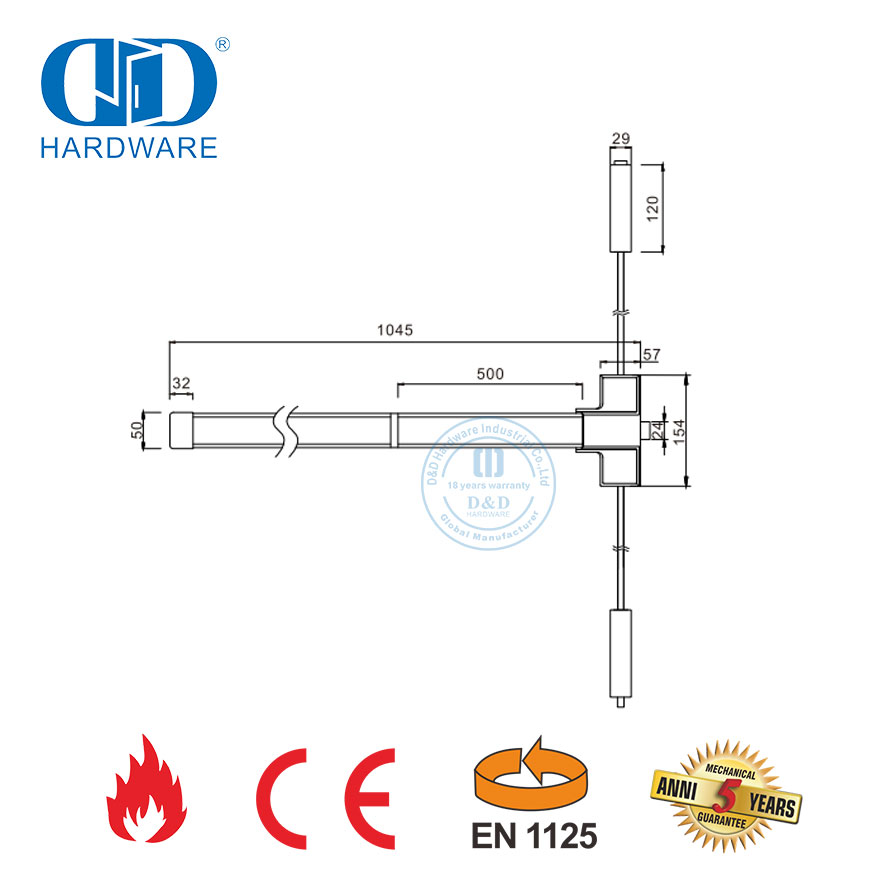 Barra antipánico Acero inoxidable CE EN1125 Puerta de salida ignífuga Barra de pánico Barra de empuje para puerta de madera comercial de emergencia-DDPD049-CE