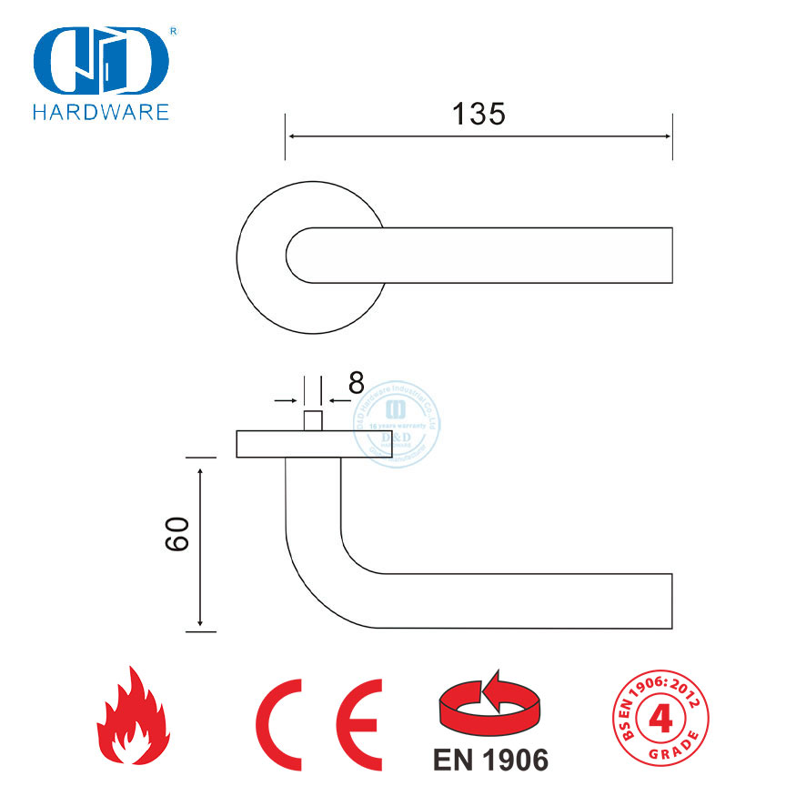 Manija de puerta con cerradura de palanca de acero inoxidable BS EN 1906-DDTH002-SSS