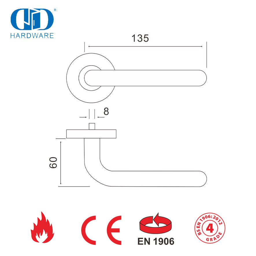 Manija de puerta exterior delantera en forma de L certificada BS EN 1906-DDTH010-SSS