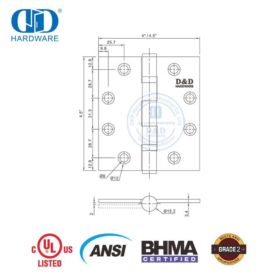 Bisagra de puerta de metal para muebles residenciales de alta resistencia ignífuga de cierre suave BHMA con certificación ANSI UL de acero inoxidable arquitectónico-DDSS001-ANSI-2-4.5x4x3mm