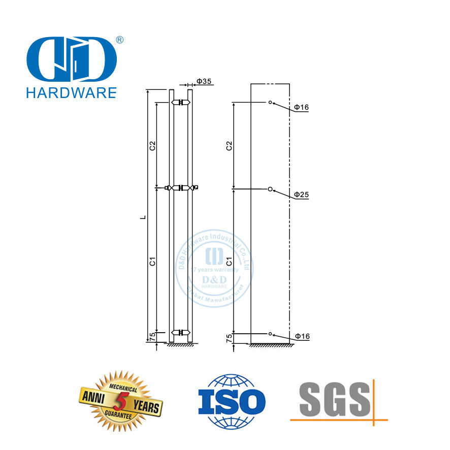Accesorios de puerta de vidrio frontal de oficina de acero inoxidable, manija de puerta de vidrio de tubo redondo con cerradura-DDPH040