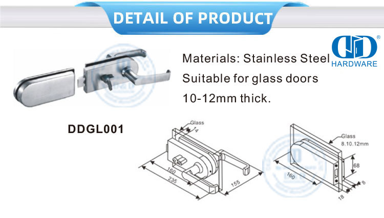 Cerradura de esquina de acero inoxidable, herraje, manija de puerta de vidrio, accesorios de parche, cerradura con llave-DDGL001