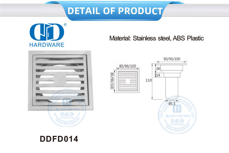 Accesorios para muebles de acero inoxidable Drenaje de piso cuadrado Drenaje de piso de baño interior sanitario-DDFD0014