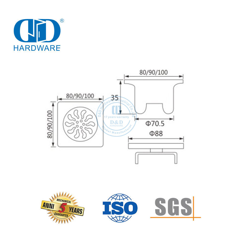 Drenaje de piso sanitario de acero inoxidable de alta calidad Drenaje de piso cuadrado Hardware de baño-DDFD006