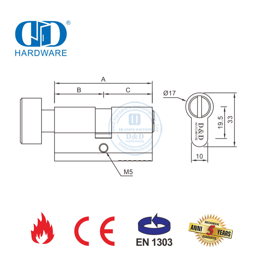 Cilindro de cerradura de embutir para baño de latón satinado con certificación EN 1303-DDLC007-70mm-SB