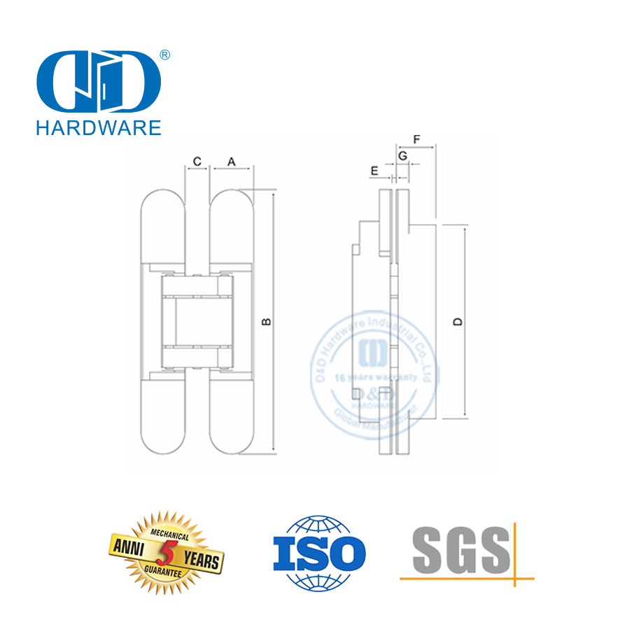 Bisagra de aleación de zinc Hardware oculto invisible 3D Cierre suave Bisagra de puerta exterior interior comercial a tope resistente-DDCH008-G80