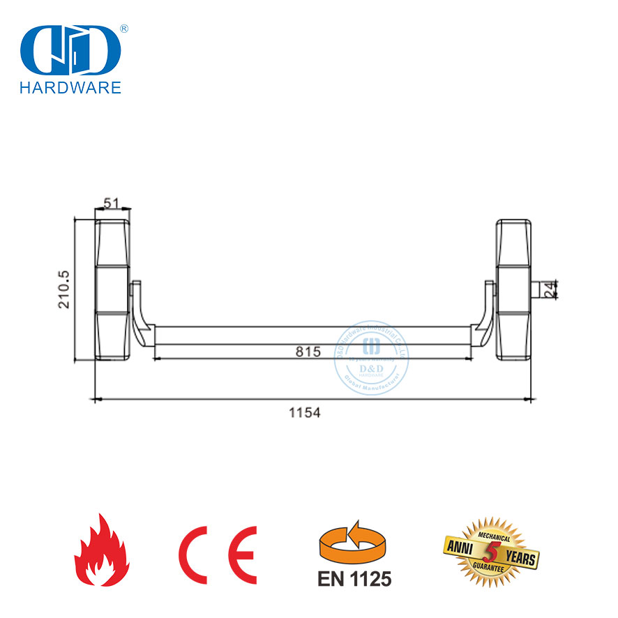 Sistema de Hardware duradero, barra transversal ignífuga CE de acero inoxidable, Hardware de salida de pánico para puerta de escuela de apartamento-DDPD047-CE