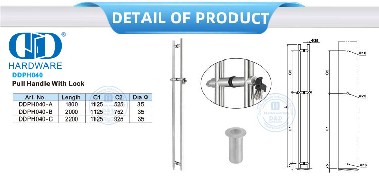 Accesorios de puerta de vidrio frontal de oficina de acero inoxidable, manija de puerta de vidrio de tubo redondo con cerradura-DDPH040