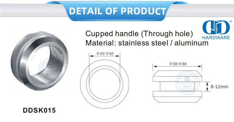 Accesorios para muebles Perilla de manija de acero inoxidable Herraje de vidrio Montaje de aluminio Orificio pasante Manija ahuecada-DDSK015