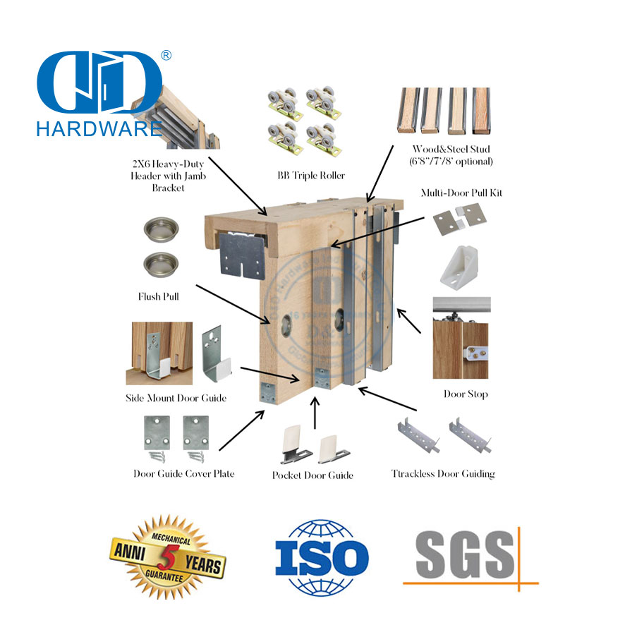 Hardware de marco de puerta corrediza de bolsillo de derivación de alta resistencia de acero inoxidable Hardware de puerta de gabinete de cocina-DDBD061
