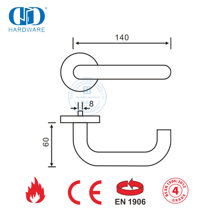 Manija de palanca de puerta tubular redonda de acero inoxidable EN 1906 con acabado PSS-DDTH001-PSS