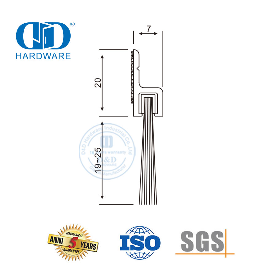Anylon Sello de cepillo Portador de aluminio Autoadhesivo Sello de barrido de puerta corredera a prueba de aire frío automático-DDBS004