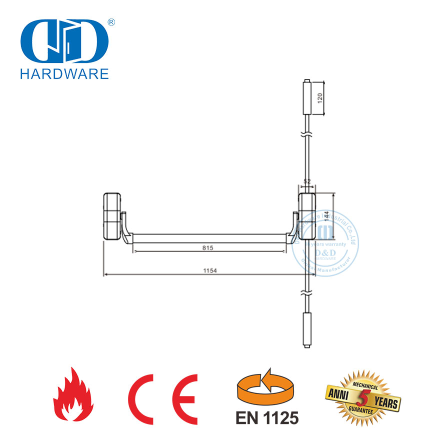 Barra de pánico resistente al fuego CE EN1125 de acero inoxidable con barra de bloqueo de perno de pestillo para puerta doble simple-DDPD022-CE