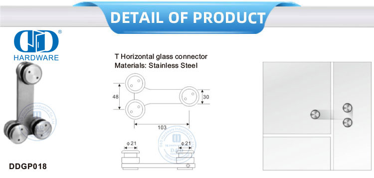 Conector de vidrio horizontal en T de acero inoxidable Herrajes para puertas corredizas pivotantes de puerta de vidrio-DDGP018