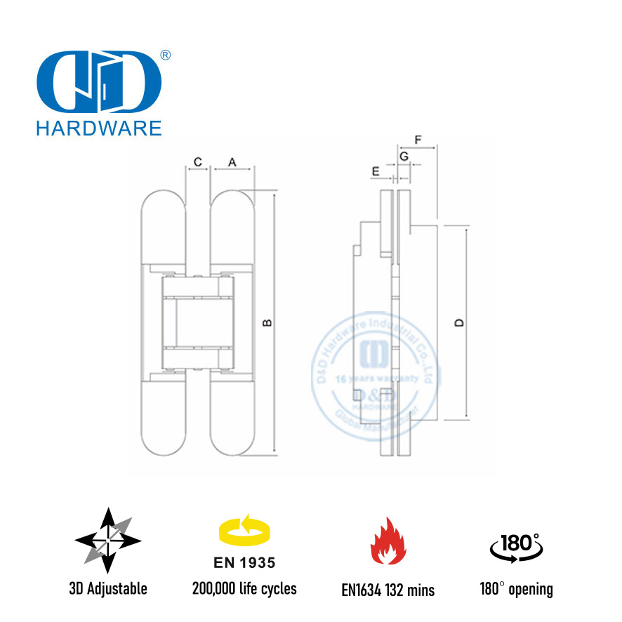 Bisagra de puerta oculta de 180 grados con clasificación de fuego EN1634 para Hotel-DDCH008-G40