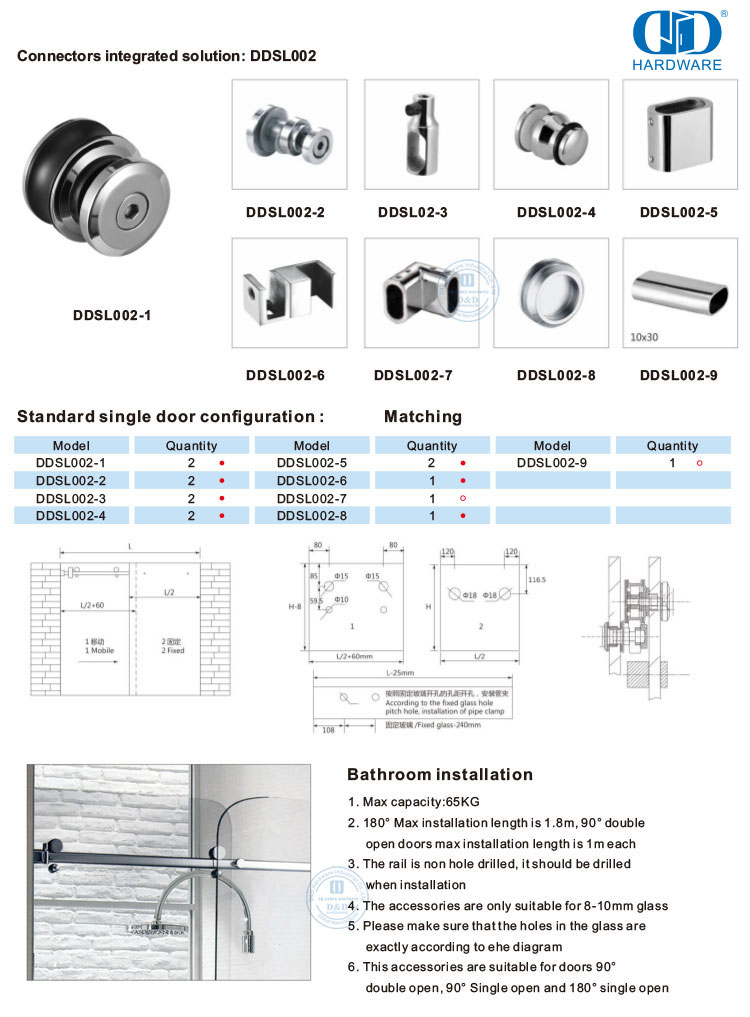 Herrajes para puertas corredizas de acero inoxidable, cuarto de ducha, puerta de vidrio, pasamanos, conector de tubo, herrajes para puertas-DDSL002-9