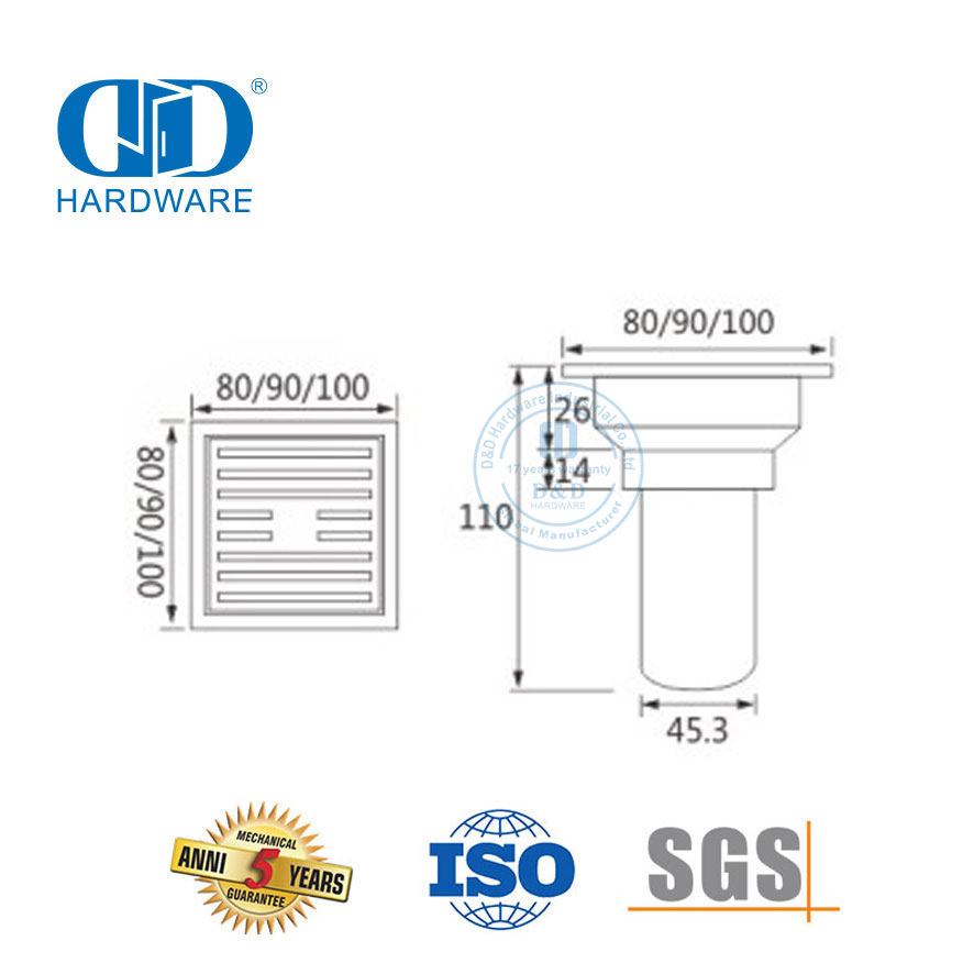 Accesorios para muebles de acero inoxidable Drenaje de piso cuadrado Drenaje de piso de baño interior sanitario-DDFD0014