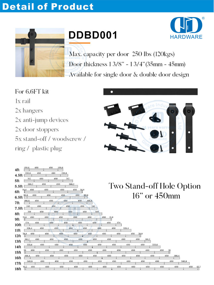 Kit de gabinete de acero inoxidable, accesorios, juego de rieles, herrajes de rodillos de puerta única de madera de Granero corredizo de carbono para puerta Interior-DDBD001