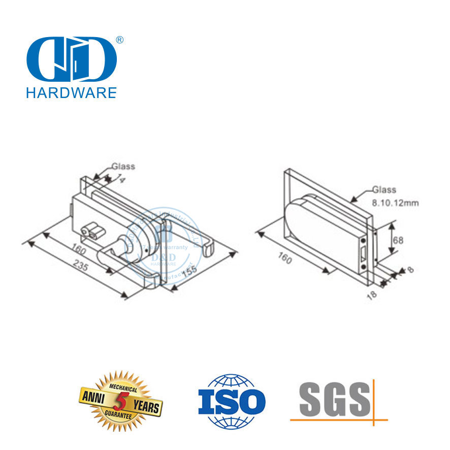 Cerradura de esquina de acero inoxidable, herraje, manija de puerta de vidrio, accesorios de parche, cerradura con llave-DDGL001