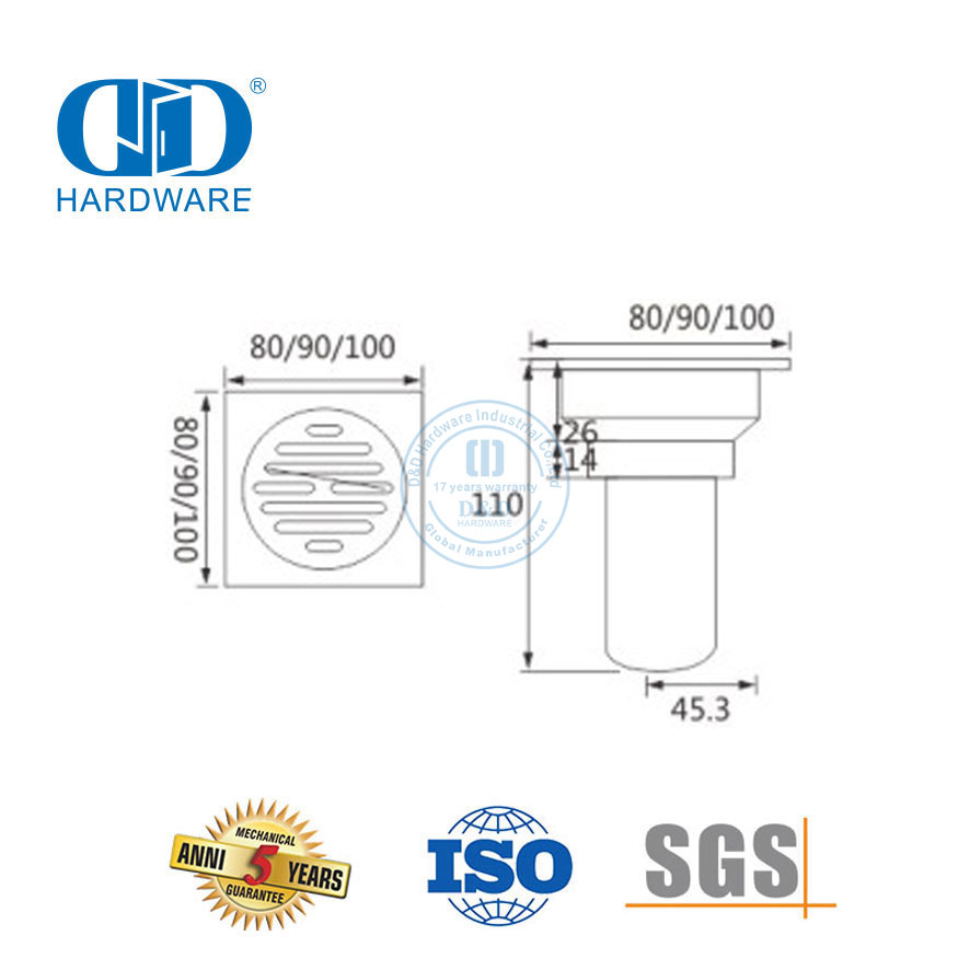 Desagüe de piso cuadrado de acero inoxidable de alta seguridad, desagüe de ducha de baño, accesorios de baño para puerta de vidrio-DDFD0011