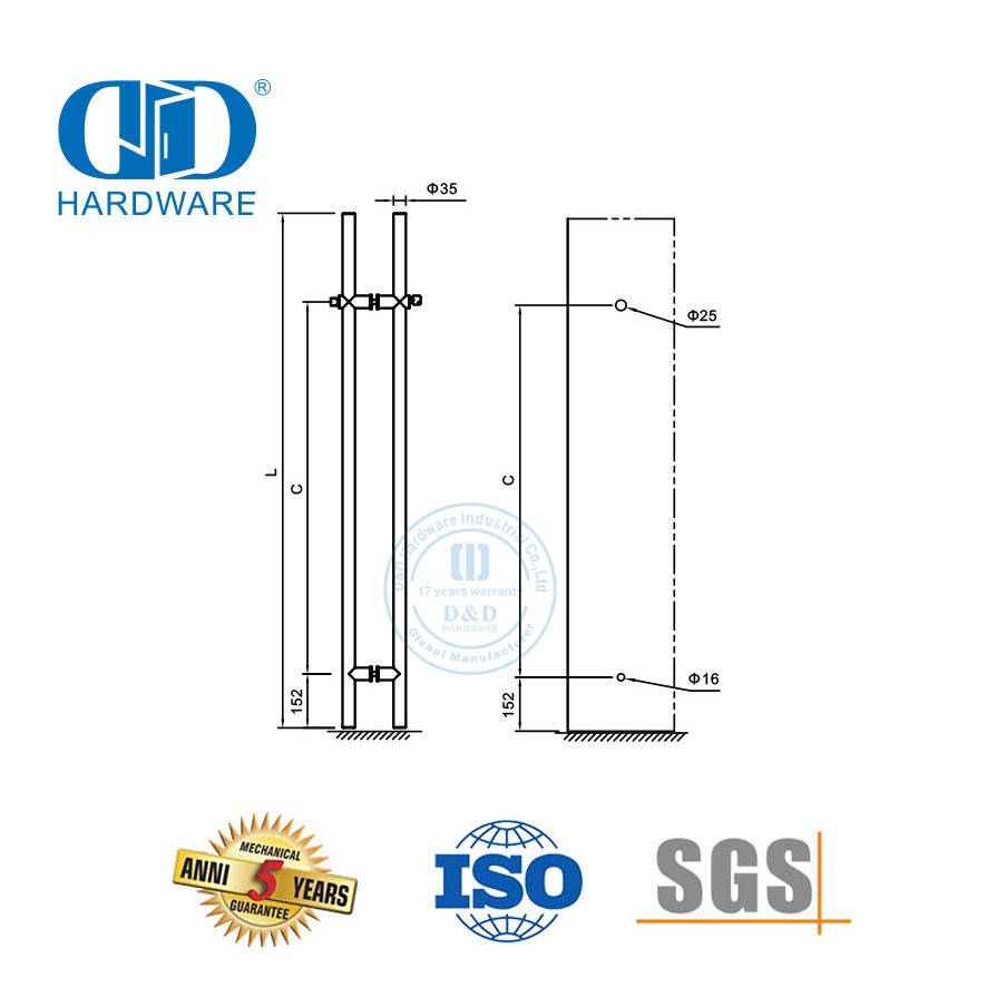 Manija de puerta de vidrio corrediza de acero inoxidable Tirador de puerta de vidrio largo con cerradura-DDPH041-A