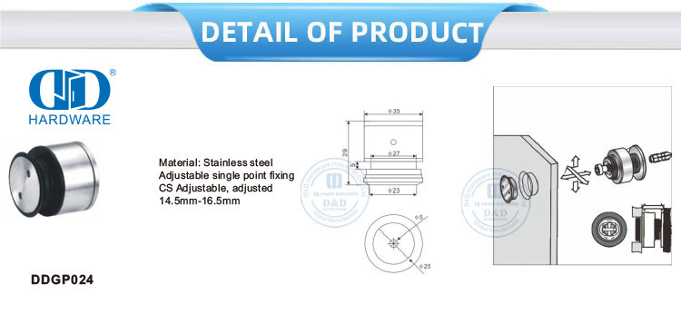 Hardware de puerta corredera con sistema de pivote de puerta de vidrio con fijación de un solo punto ajustable de acero inoxidable-DDGP024