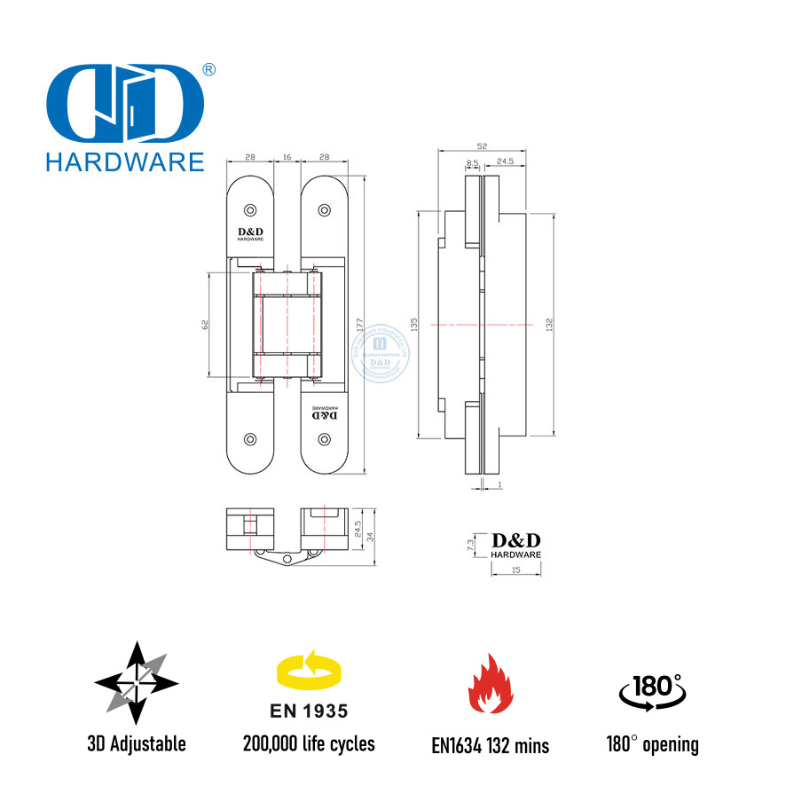 Bisagra invisible 3D resistente EN1935 de alta calidad para puerta cortafuegos-DDCH008-G80