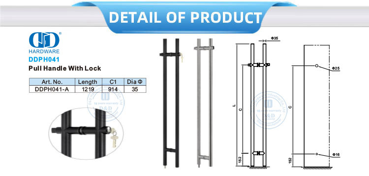 Manija de puerta de vidrio corrediza de acero inoxidable Tirador de puerta de vidrio largo con cerradura-DDPH041-A