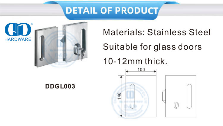 Cerradura de puerta corrediza de vidrio cuadrada de acero inoxidable, cerradura con manija de llave, accesorio para puerta-DDGL003