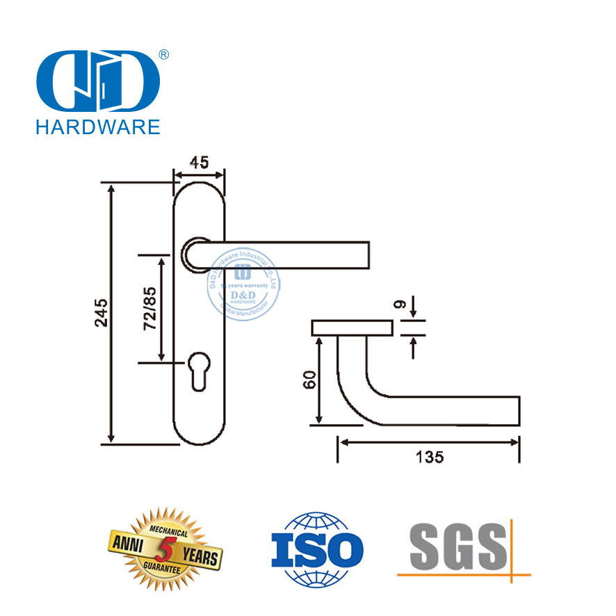 Manija de palanca de placa de puerta ovalada de acero inoxidable 304 con cerradura usada para oficina -DDTP003